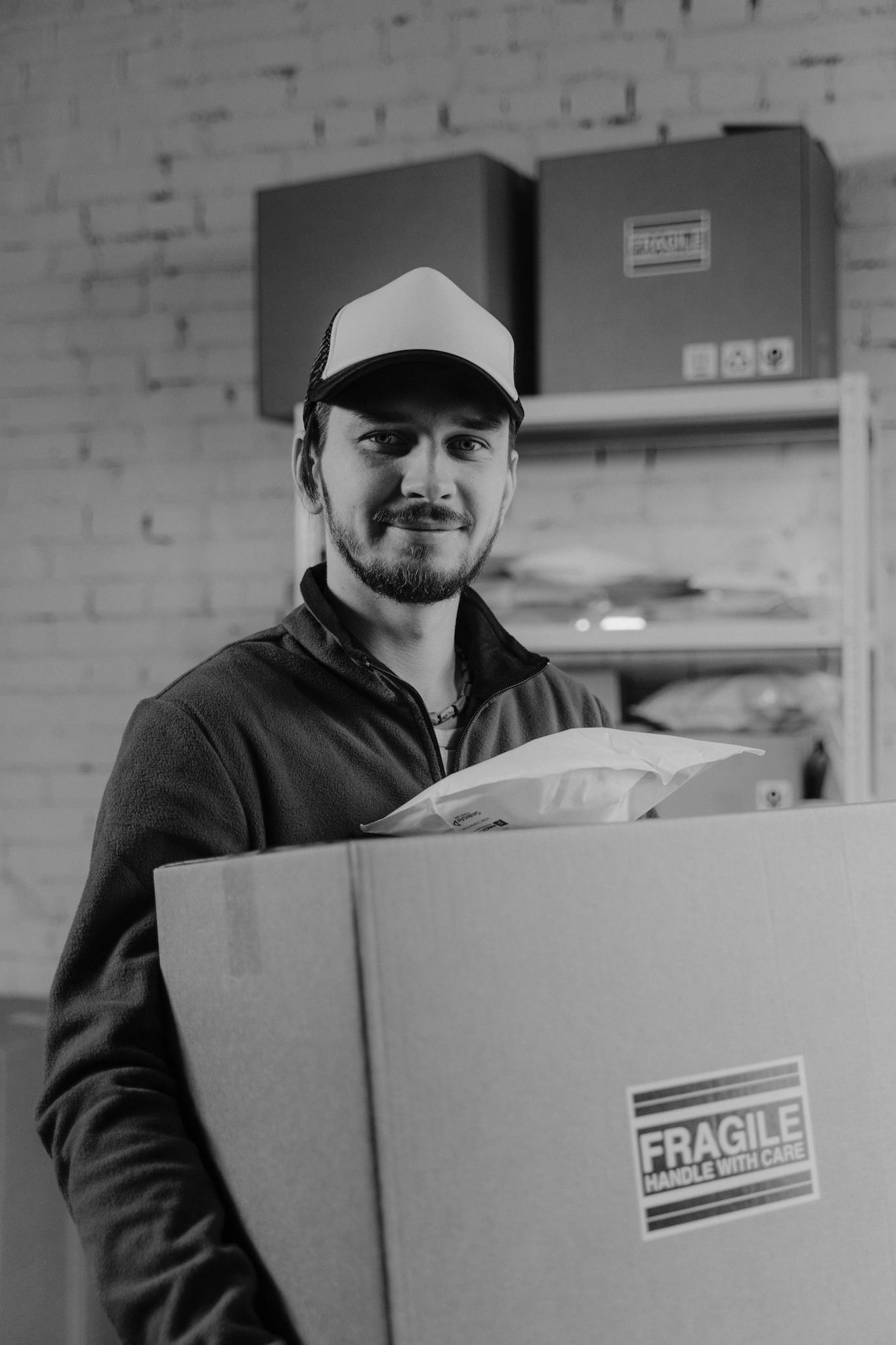 Black and white image of a courier delivering a fragile package indoors, showcasing the logistics industry.