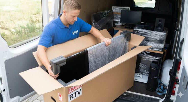 Pracownik STOK zabezpiecza sprzęt RTV do transportu w kartonie z profilami styropianowymi.