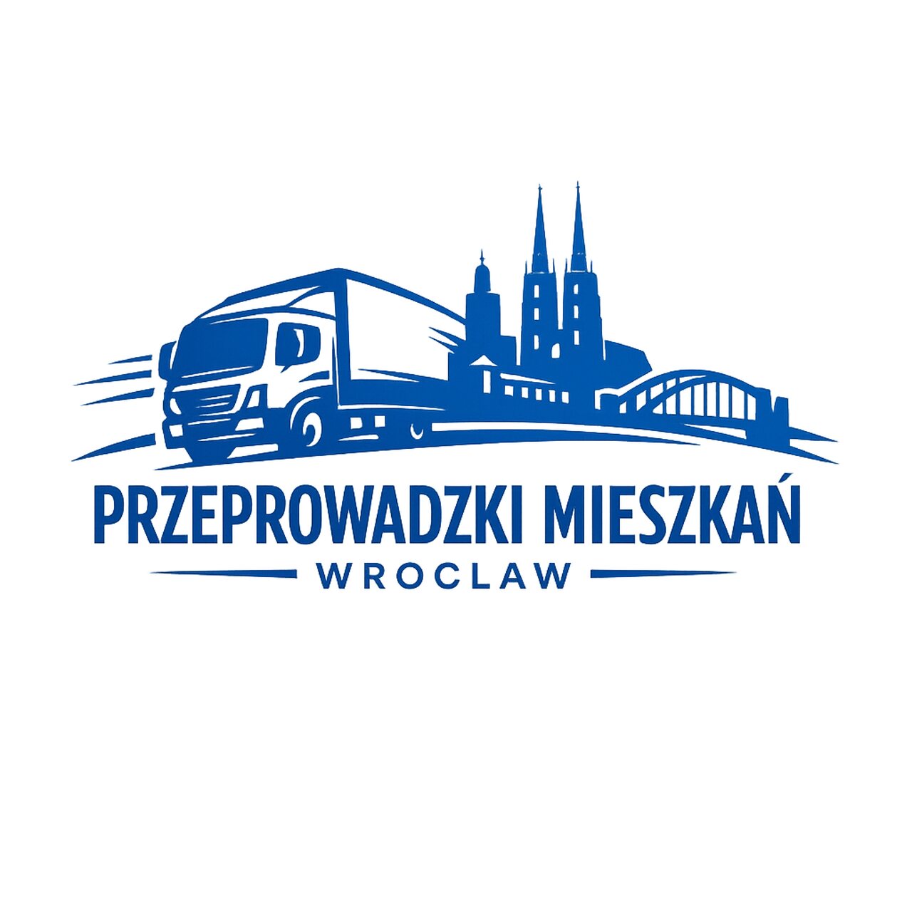 Logo firmy "Przeprowadzki Mieszkań Wrocław" przedstawiające niebieską ciężarówkę na tle panoramy Wrocławia z Ostrowem Tumskim.