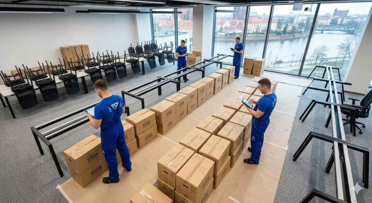 Pracownicy w niebieskich strojach firmowych STOK planujący relokację biura we Wrocławiu wśród kartonów i mebli.