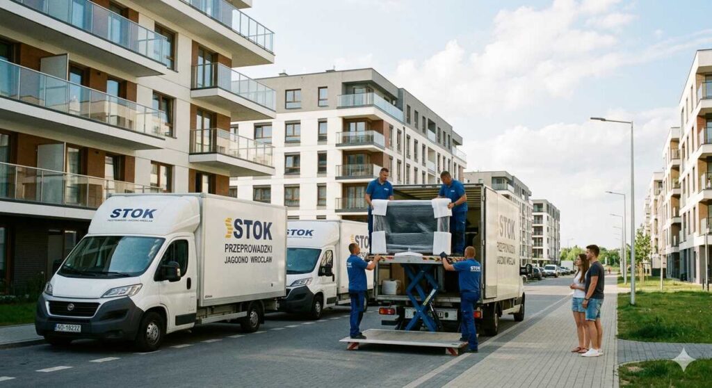 Duża flota busów STOK realizująca kompleksowe przeprowadzki na nowoczesnym osiedlu na Jagodnie przy ul. Buforowej.
