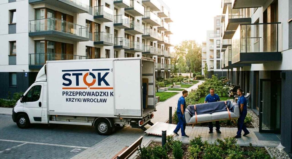 Ekipa STOK wynosi luksusową sofę z nowoczesnego apartamentowca na Krzykach przy ul. Partynickiej.