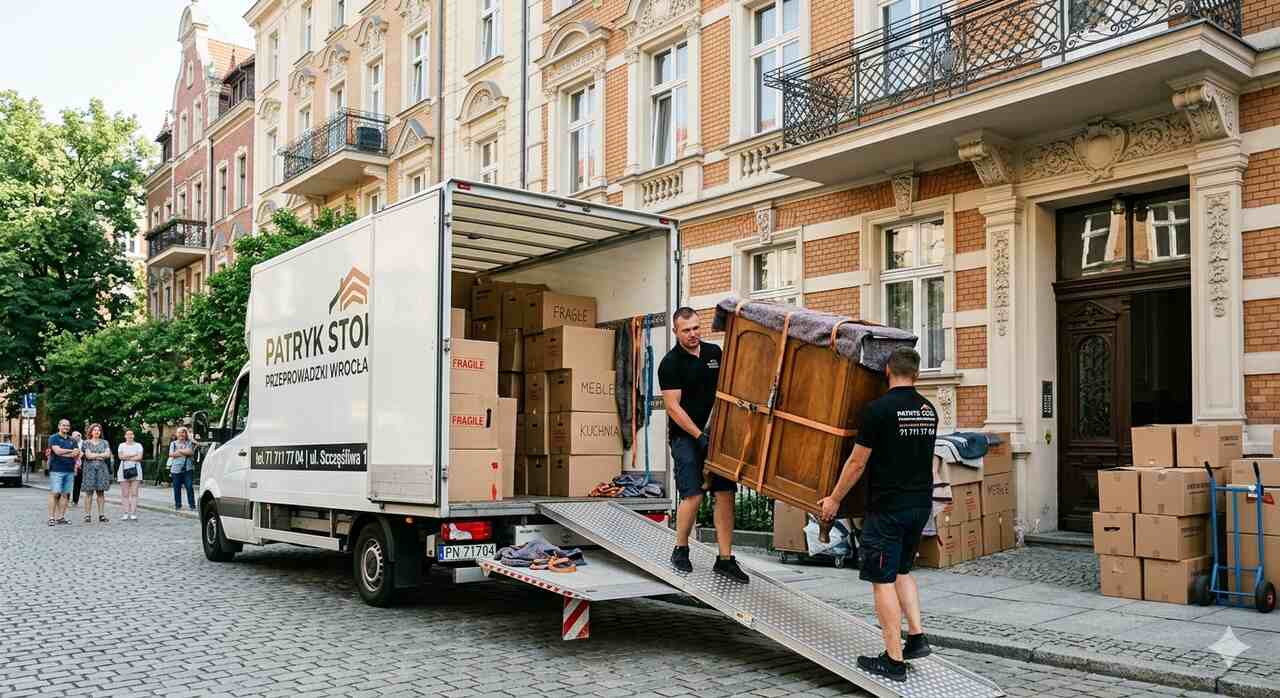 Tragarze firmy Przeprowadzki Wrocław wnoszą zabezpieczony mebel po rampie do samochodu transportowego Patryka Stoka, który zaparkowany jest blisko zabytkowej kamienicy podczas relokacji mieszkania.