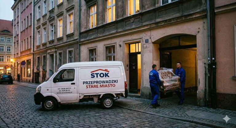 Mały bus STOK zaparkowany na wąskiej uliczce przy Rynku, realizujący przeprowadzki Stare Miasto Wrocław.