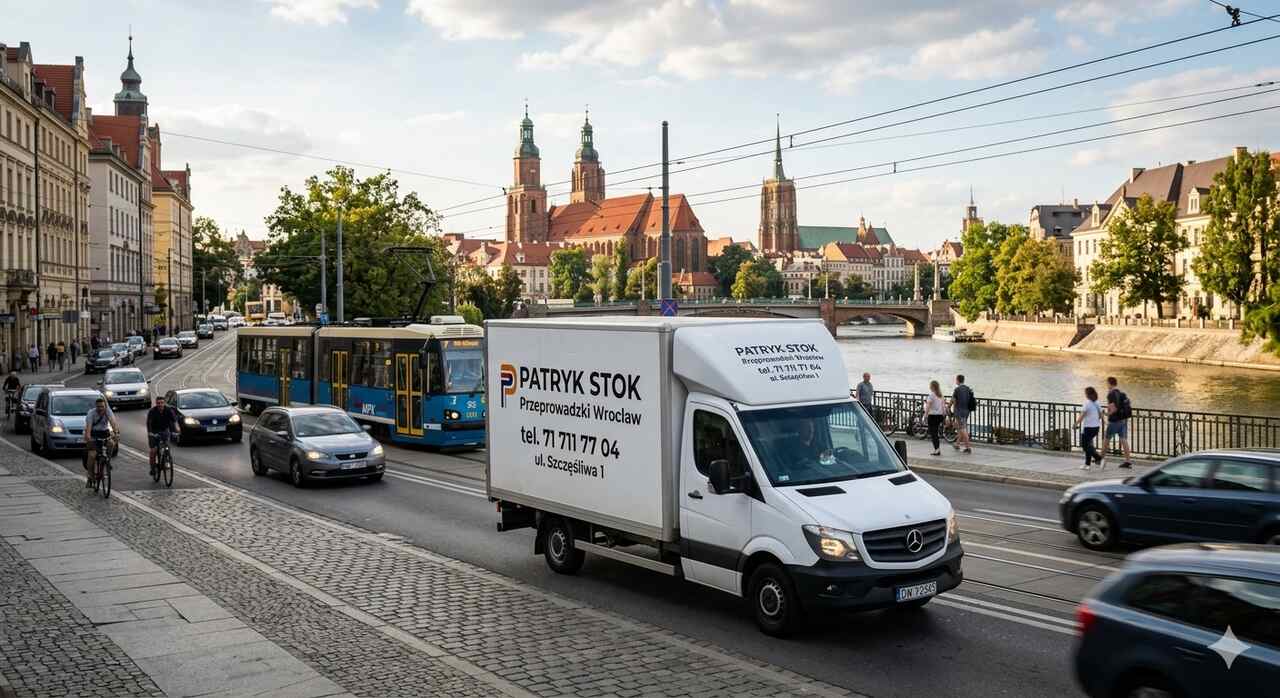 Biały oznakowany bus furgonetka firmy Patryk Stok Przeprowadzki Wrocław jedzie przez centrum miasta na tle zabytkowych kamienic Starego Miasta podczas relokacji bagażowej.