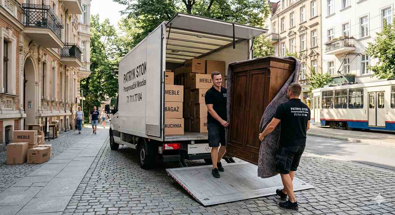 Tragarze firmy Przeprowadzki Wrocław wnoszą zabezpieczony mebel po rampie do samochodu transportowego Patryka Stoka podczas relokacji bagażowej przy zabytkowej kamienicy we Wrocławiu.