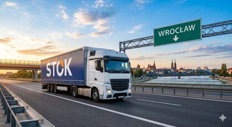 Biała ciężarówka transportowa z napisem STOK na autostradzie pod Wrocławiem podczas zachodu słońca.