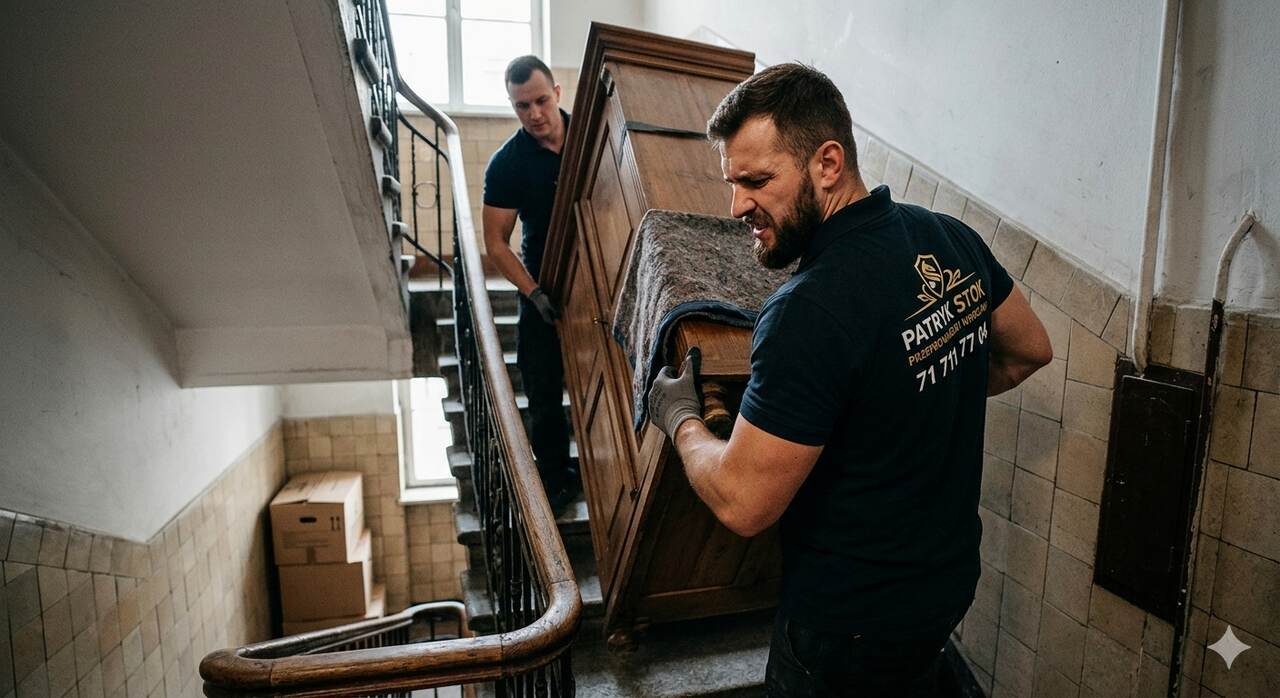 Tragarze firmy Przeprowadzki Wrocław w koszulkach z logo wnoszą dużą drewnianą szafę po schodach w wąskiej klatce schodowej kamienicy podczas kompleksowego wnoszenia mebli we Wrocławiu przy ul. Szczęśliwej 1.